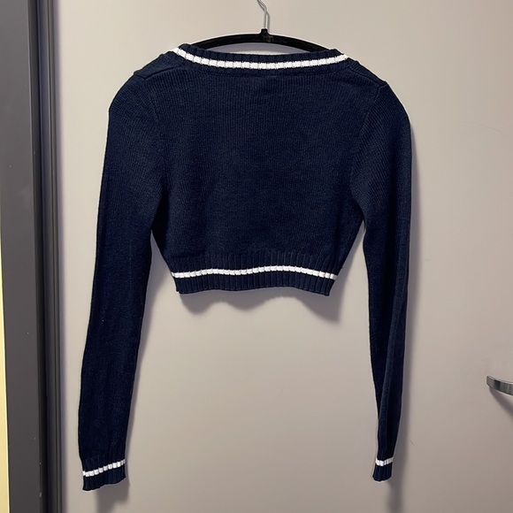 Dark Blue White Striped Long Sleeved Crop Top - Picture 2 of 3